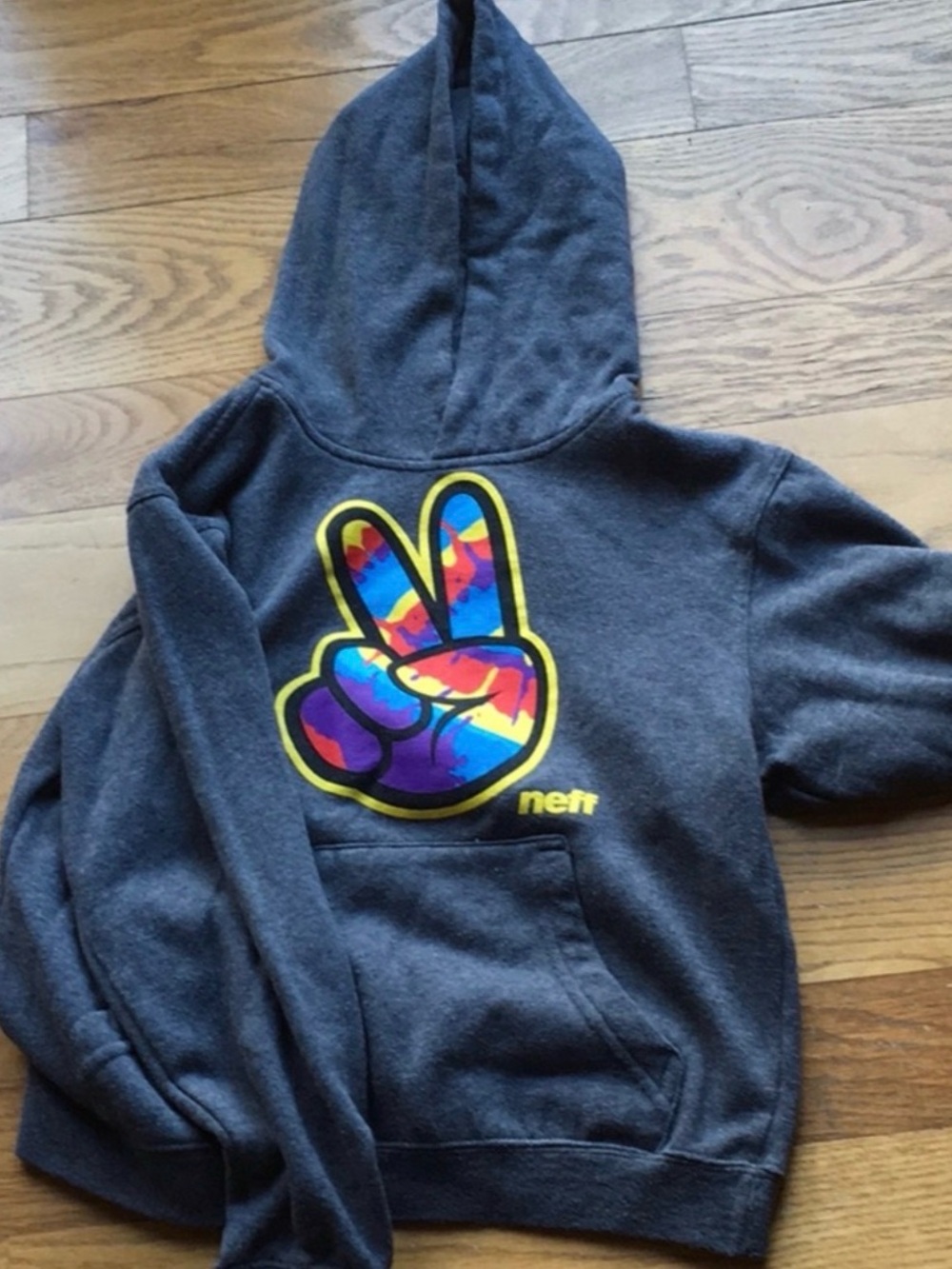 Neff  Charcoal Hoodie with Multicolor Peace Sign size small.